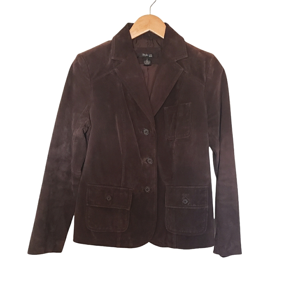 Style & Co Petite Brown Suede Leather Jacket Size S Pockets - Picture 9 of 9